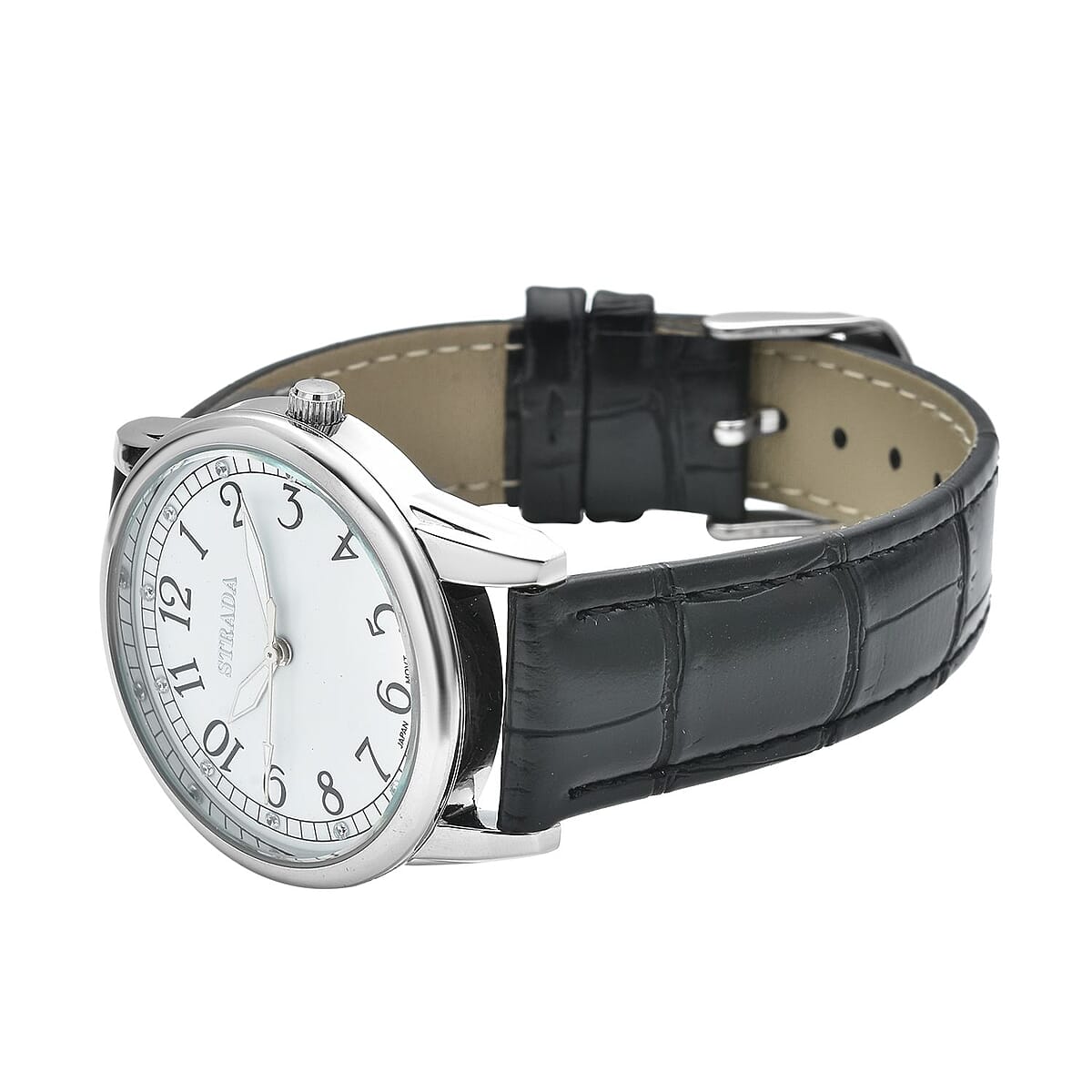 Strada Simulated Diamond Japanese Movement Watch with Black Faux Leather Strap (36mm) (7.75-9.00Inches) image number 3