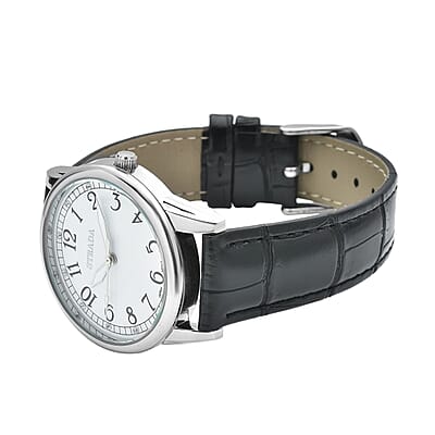 Strada Simulated Diamond Japanese Movement Watch with Black Faux Leather Strap (36mm) (7.75-9.00Inches)