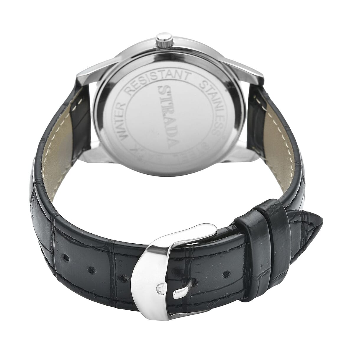 Strada Simulated Diamond Japanese Movement Watch with Black Faux Leather Strap (36mm) (7.75-9.00Inches) image number 4