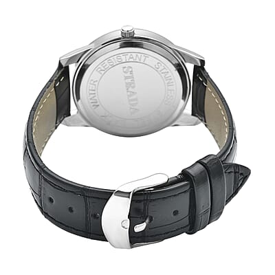 Strada Simulated Diamond Japanese Movement Watch with Black Faux Leather Strap (36mm) (7.75-9.00Inches)
