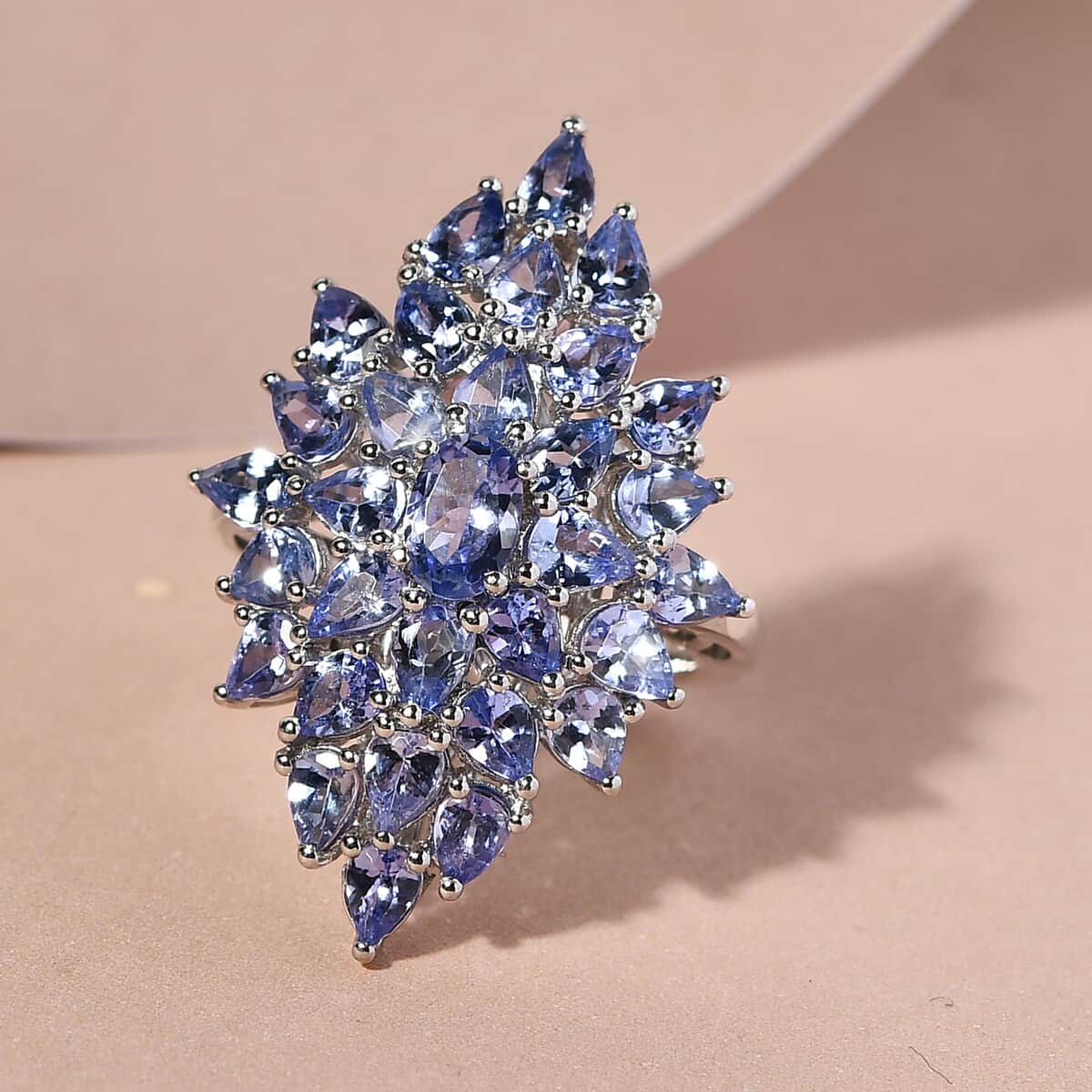 Tanzanite Elongated Cluster Ring in Platinum Over Sterling Silver (Size 10.0) 4.35 ctw image number 1