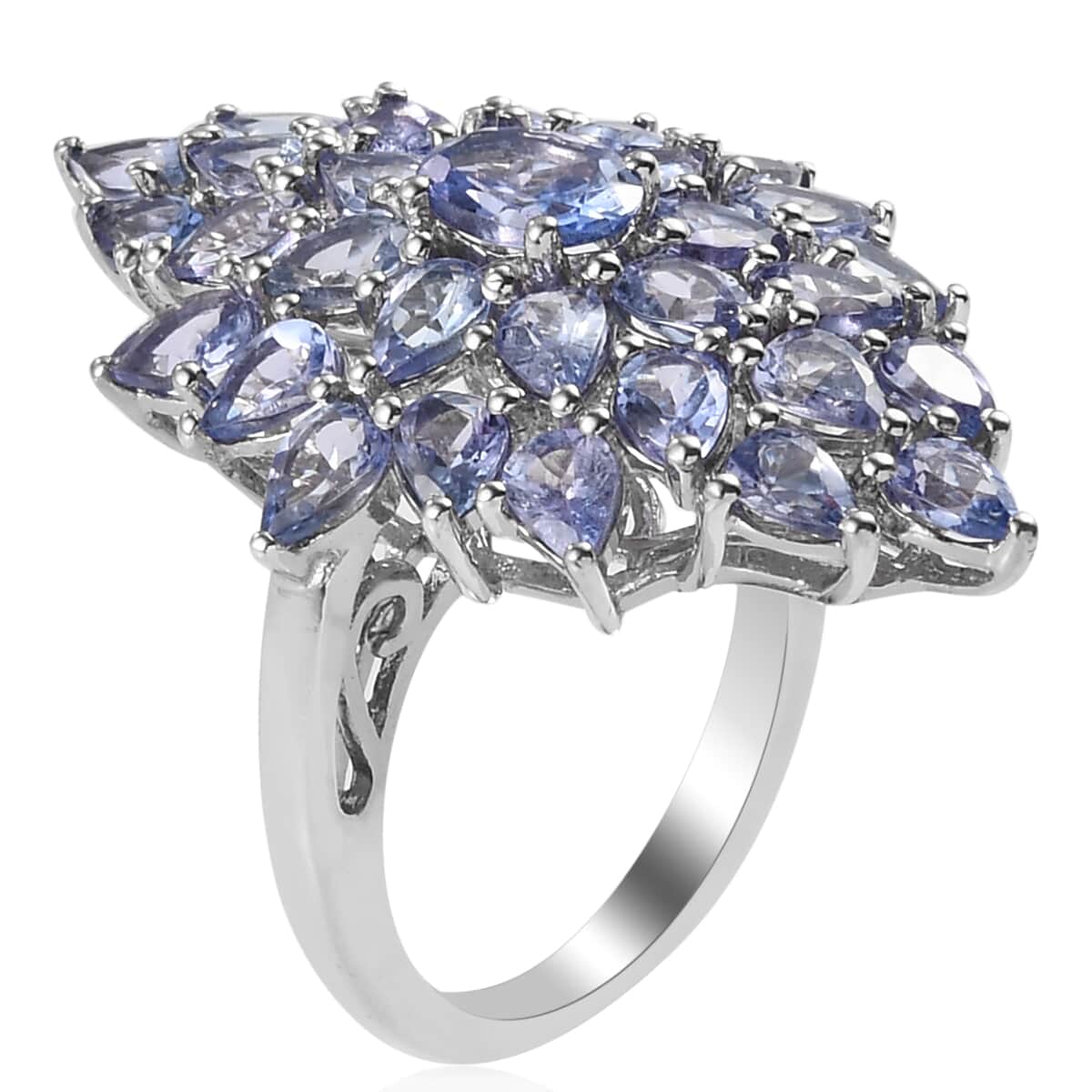 Tanzanite Elongated Cluster Ring in Platinum Over Sterling Silver (Size 10.0) 4.35 ctw image number 3