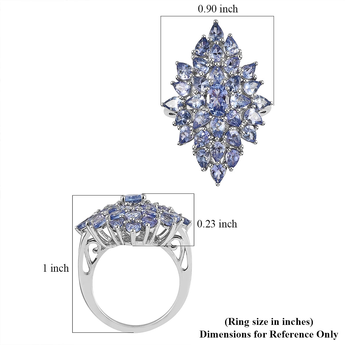 Tanzanite Elongated Cluster Ring in Platinum Over Sterling Silver (Size 7.0) 4.35 ctw image number 5