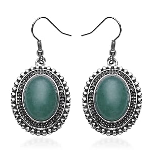 Green Aventurine Dangle Earrings in Silvertone & Stainless Steel 17.00 ctw