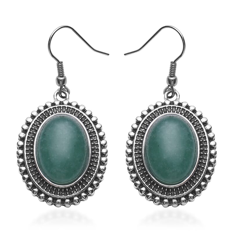 Green Aventurine Dangle Earrings in Silvertone & Stainless Steel 17.00 ctw
