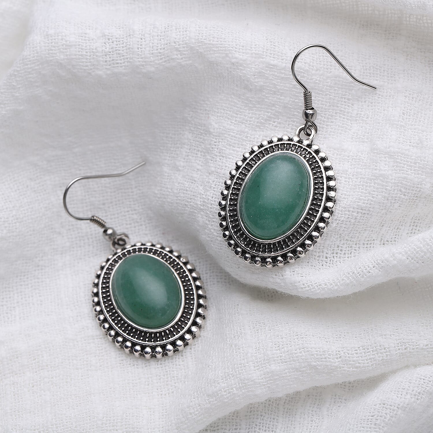 Green Aventurine Dangle Earrings in Silvertone & Stainless Steel 17.00 ctw