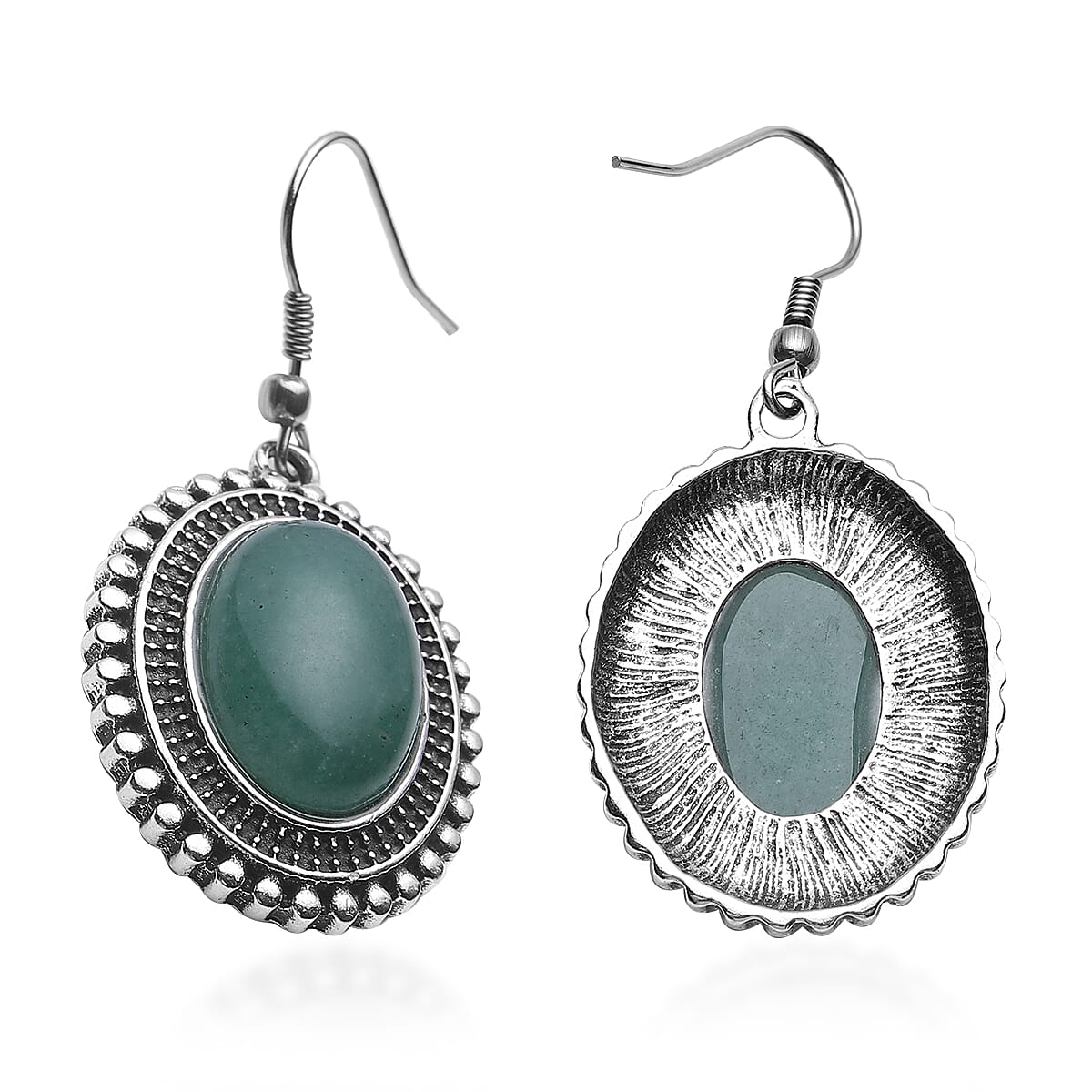 Green Aventurine Dangle Earrings in Silvertone & Stainless Steel 17.00 ctw