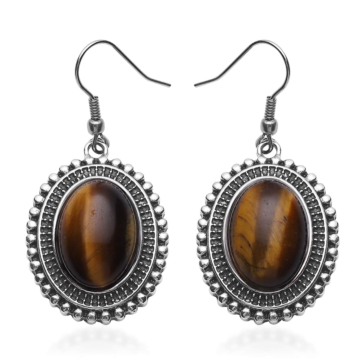 Yellow Tiger's Eye Dangle Earrings in Silvertone & Stainless Steel 18.00 ctw image number 0