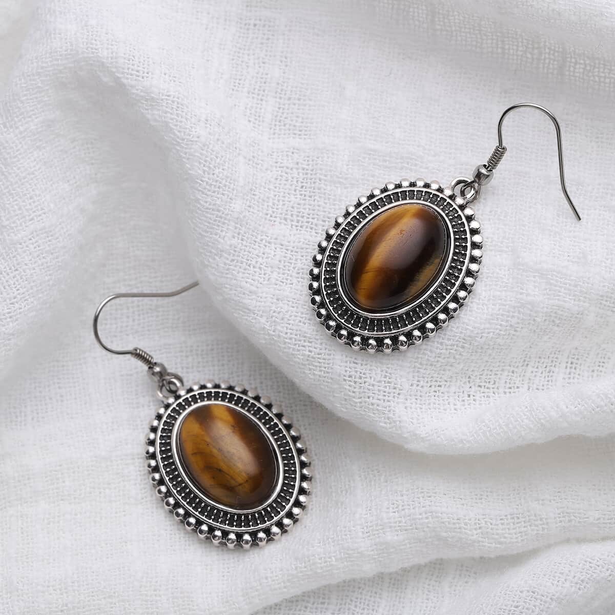 Yellow Tiger's Eye Dangle Earrings in Silvertone & Stainless Steel 18.00 ctw image number 1