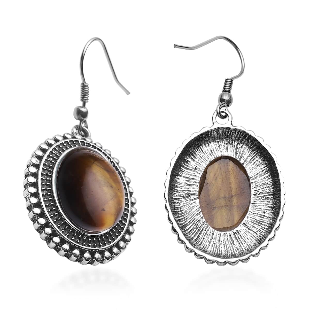 Yellow Tiger's Eye Dangle Earrings in Silvertone & Stainless Steel 18.00 ctw image number 3