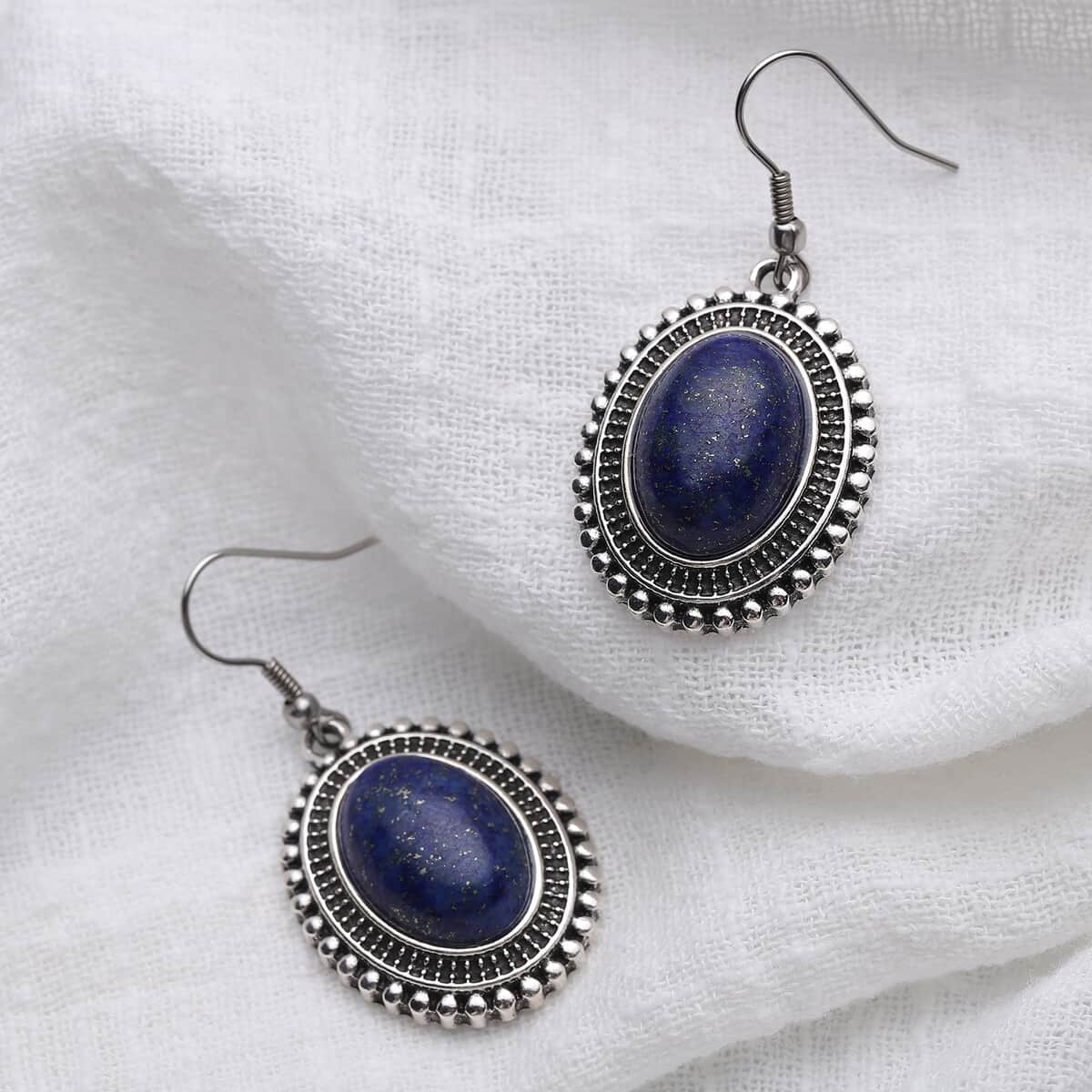 Lapis Lazuli Dangle Earrings in Silvertone & Stainless Steel 23.50 ctw image number 1