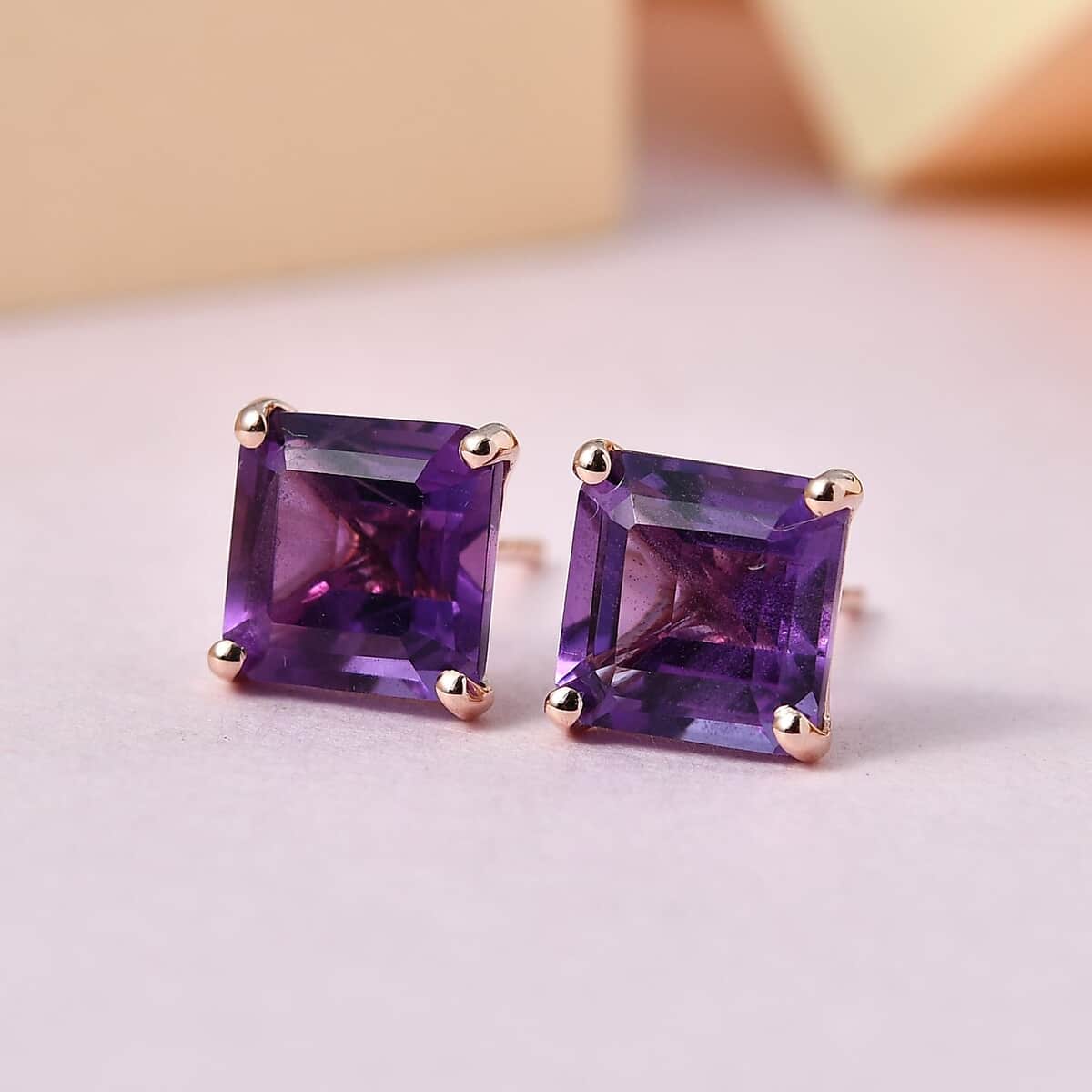 Luxoro 10K Rose Gold Asscher Cut AAA Lusaka Amethyst Solitaire Stud Earrings 3.50 ctw image number 1