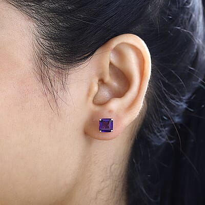 Luxoro 10K Rose Gold Asscher Cut AAA Lusaka Amethyst Solitaire Stud Earrings 3.65 ctw
