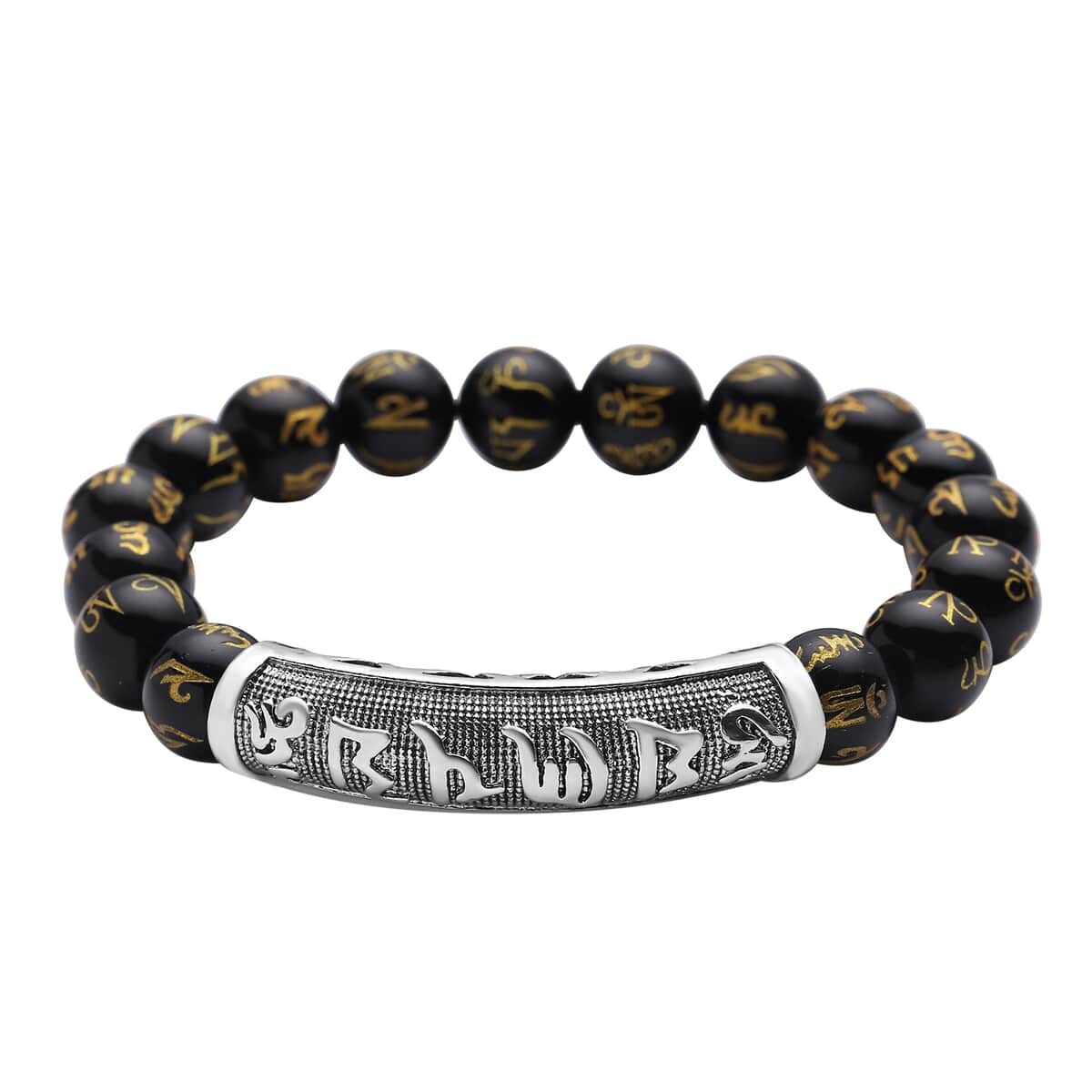 Feng shui Mantra Black Obsidian Carved Beaded Stretch Bracelet in Silvertone 100.00 ctw image number 0