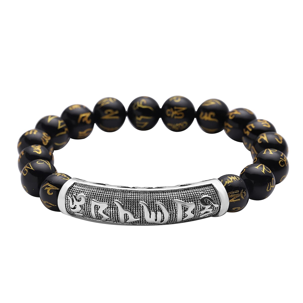 Feng Shui Mantra Black Obsidian Carved Beaded Stretch Bracelet in Silvertone 100.00 ctw image number 0