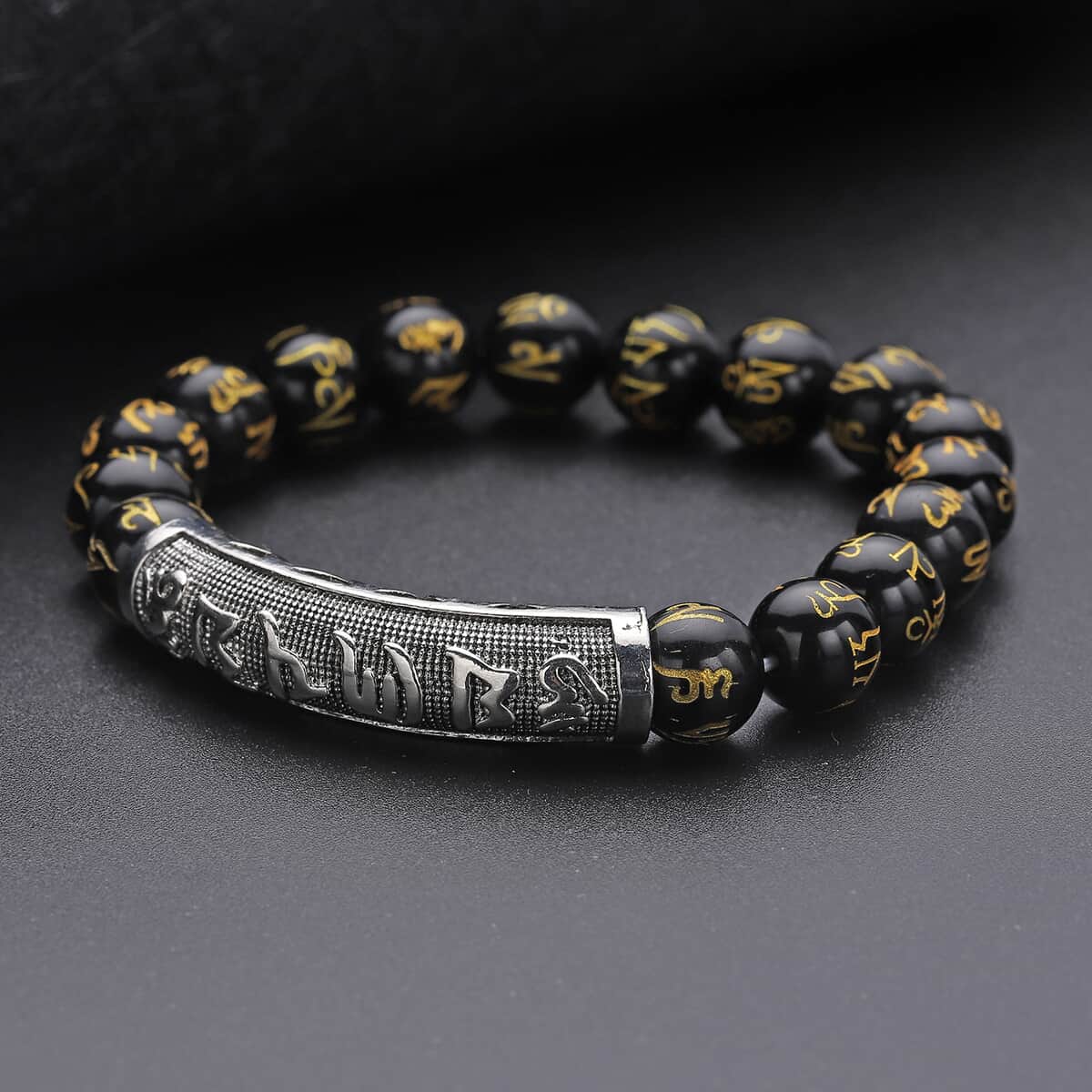 Feng Shui Mantra Black Obsidian Carved Beaded Stretch Bracelet in Silvertone 100.00 ctw image number 1
