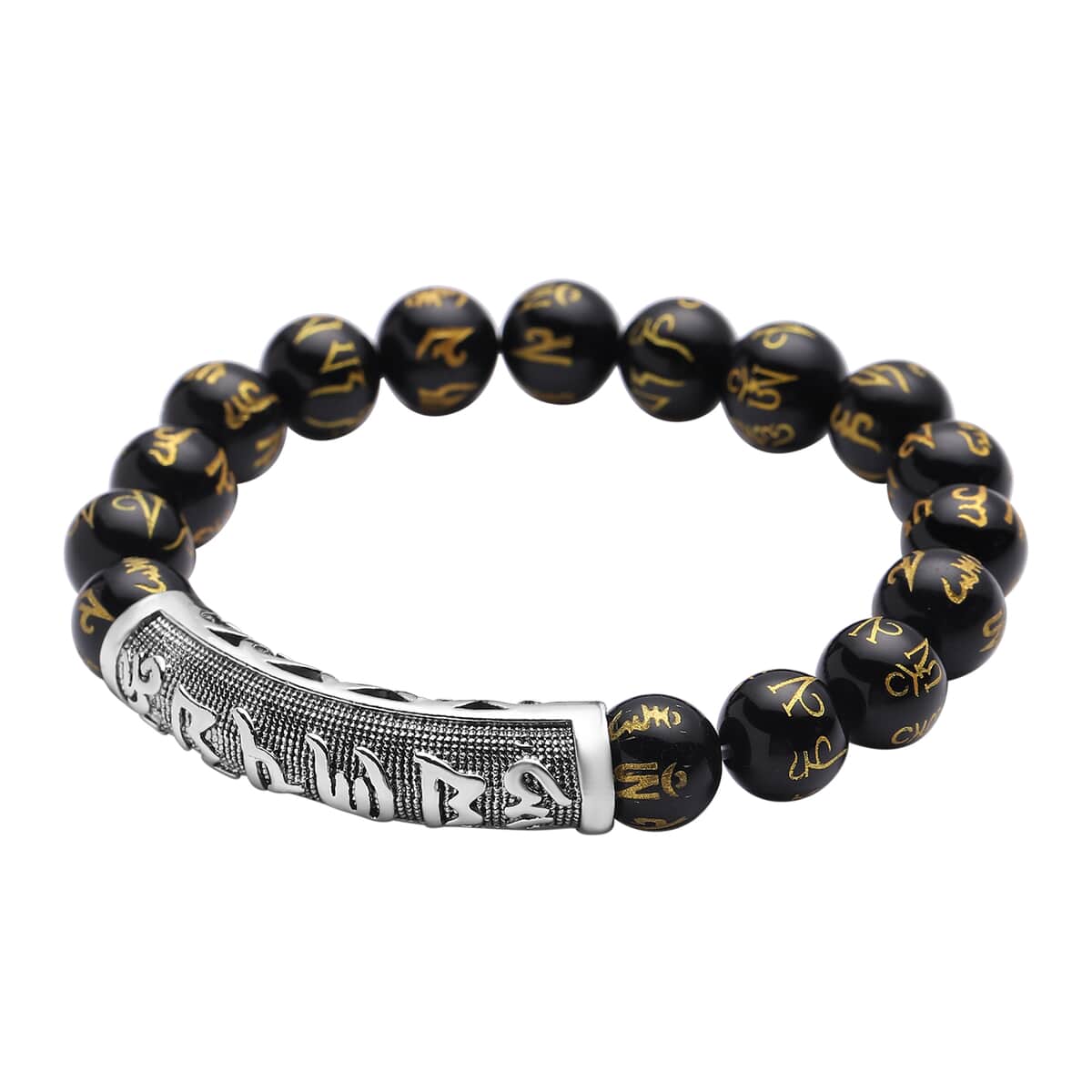 Feng shui Mantra Black Obsidian Carved Beaded Stretch Bracelet in Silvertone 100.00 ctw image number 2