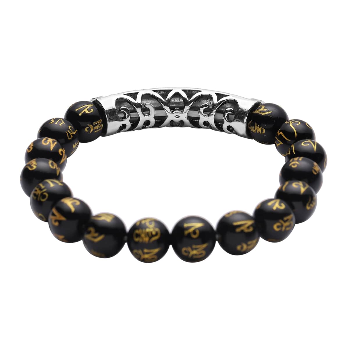 Feng Shui Mantra Black Obsidian Carved Beaded Stretch Bracelet in Silvertone 100.00 ctw image number 3