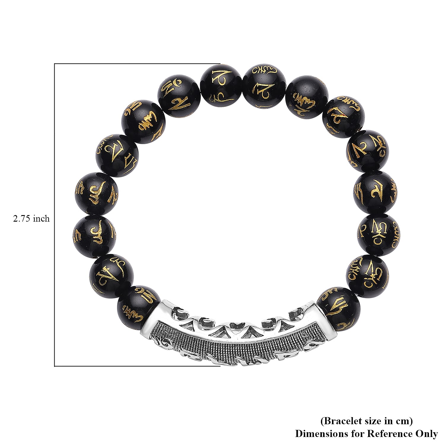 Feng Shui Mantra Black Obsidian Carved Beaded Stretch Bracelet in Silvertone 100.00 ctw