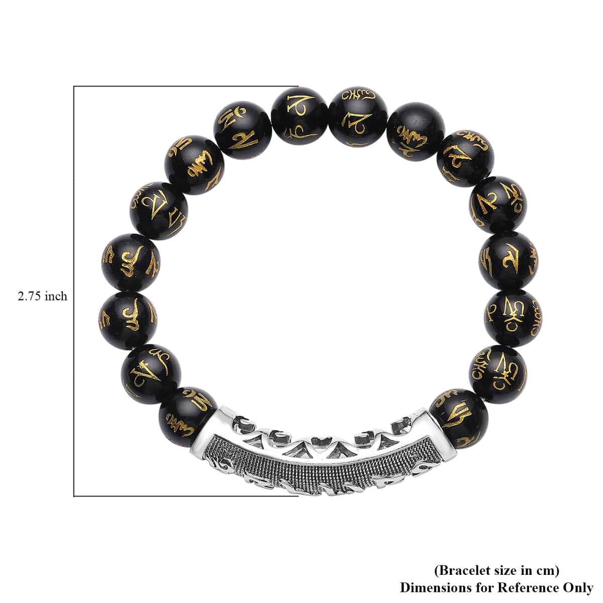 Feng Shui Mantra Black Obsidian Carved Beaded Stretch Bracelet in Silvertone 100.00 ctw image number 4