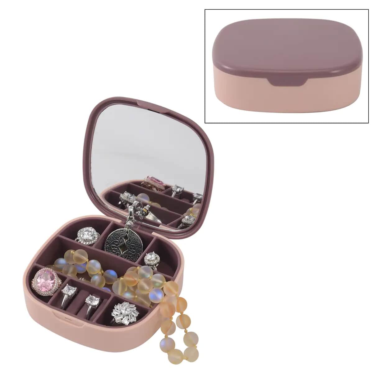 Pink Compact Jewelry Organizer with Mirror (3.94"x3.94"x1.18") image number 0