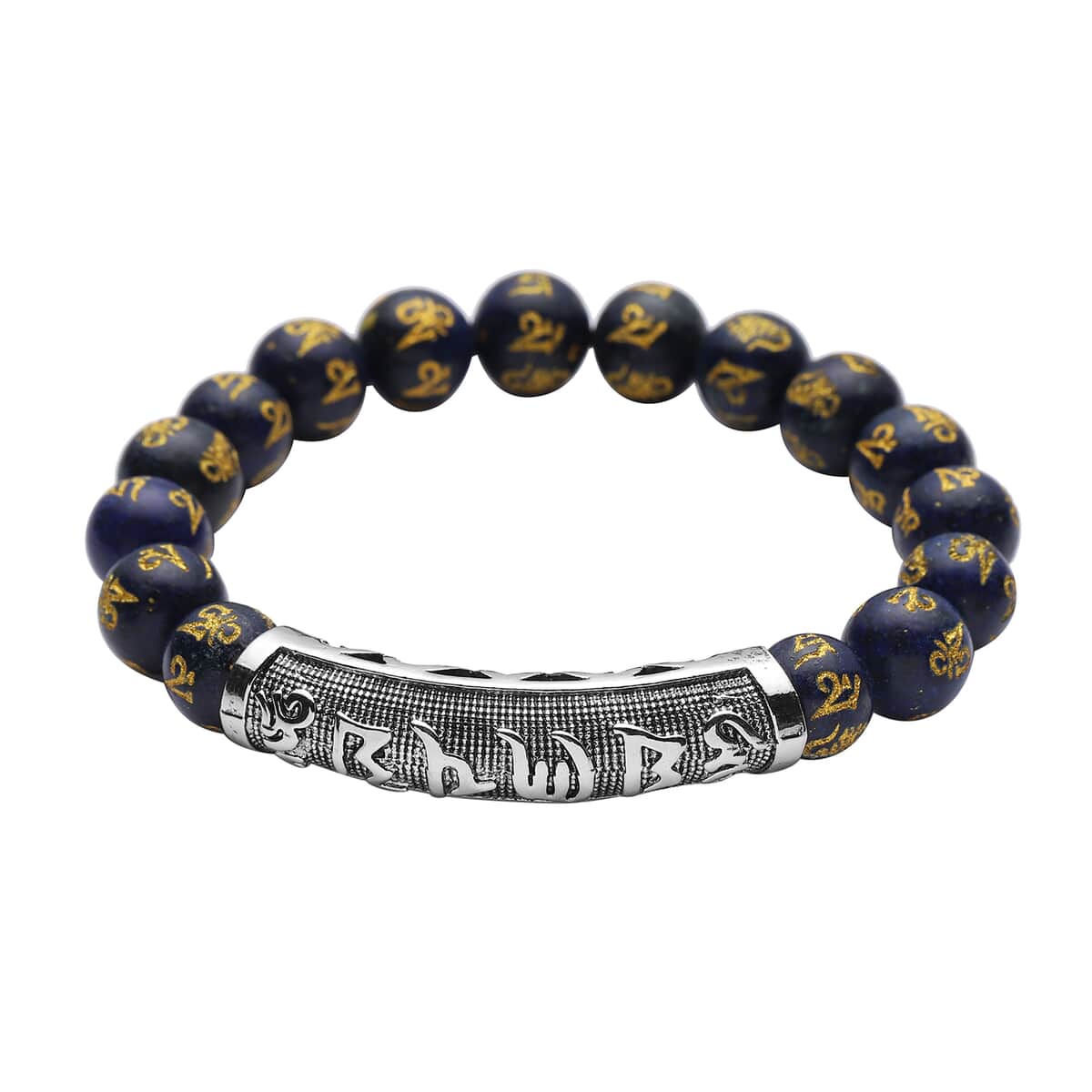 Feng Shui Mantra Lapis Lazuli Carved Beaded Stretch Bracelet in Silvertone 115.25 ctw image number 0