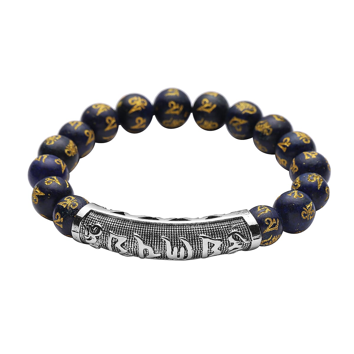 Feng Shui Mantra Lapis Lazuli Carved Beaded Stretch Bracelet in Silvertone 115.25 ctw image number 0