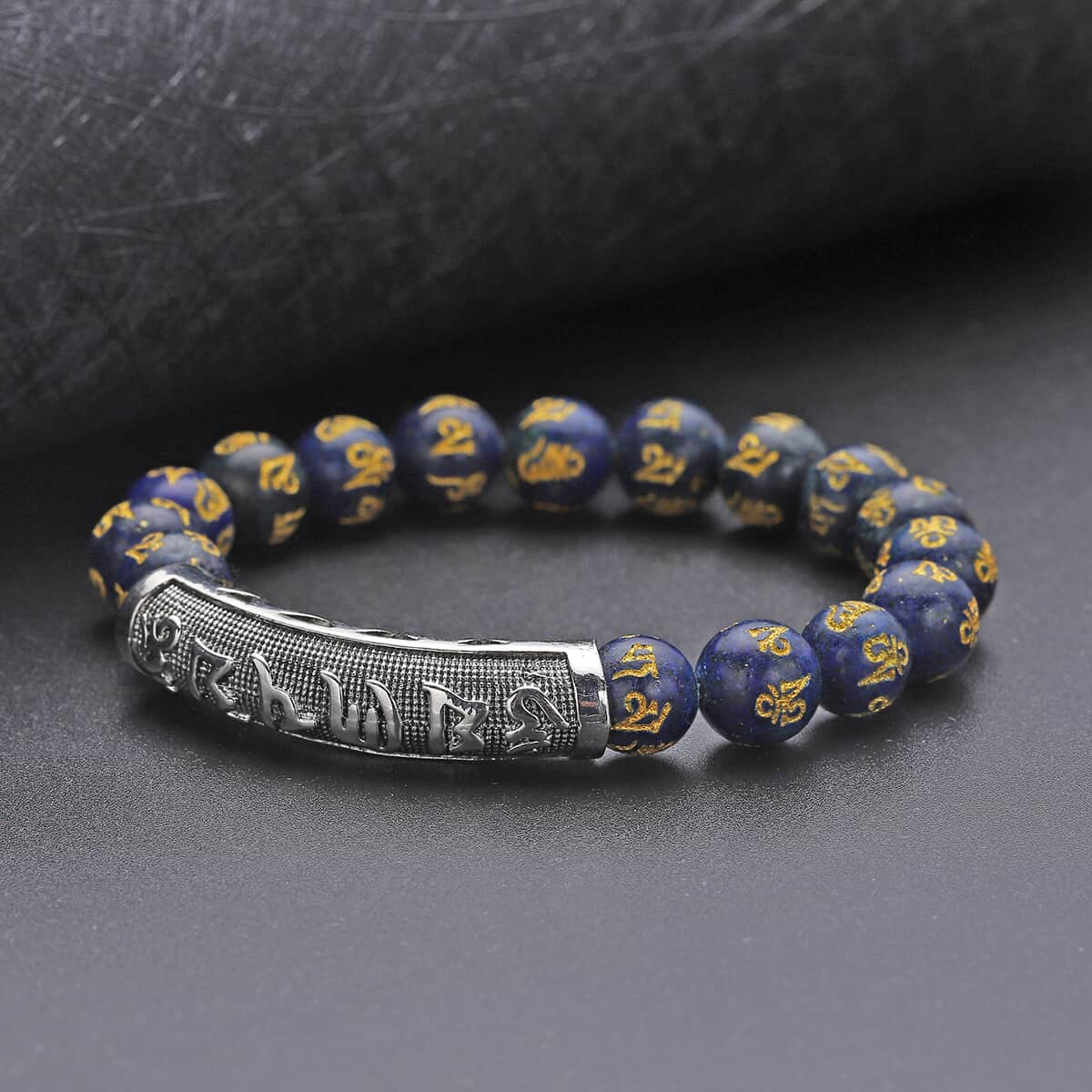 Feng Shui Mantra Lapis Lazuli Carved Beaded Stretch Bracelet in Silvertone 115.25 ctw image number 1