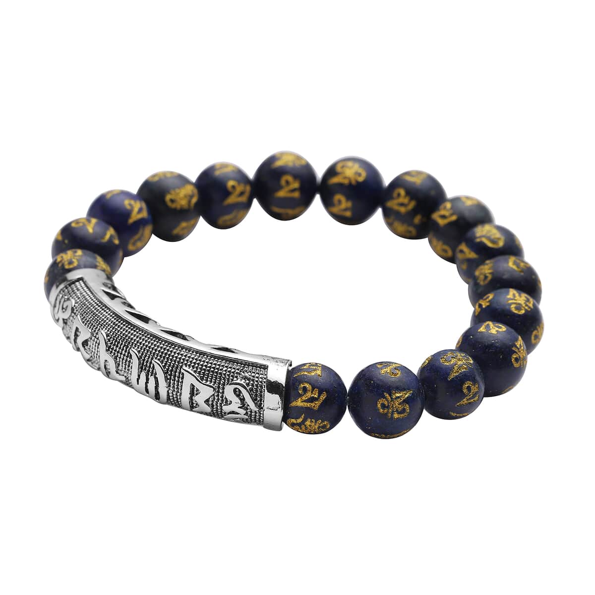 Feng Shui Mantra Lapis Lazuli Carved Beaded Stretch Bracelet in Silvertone 115.25 ctw image number 2