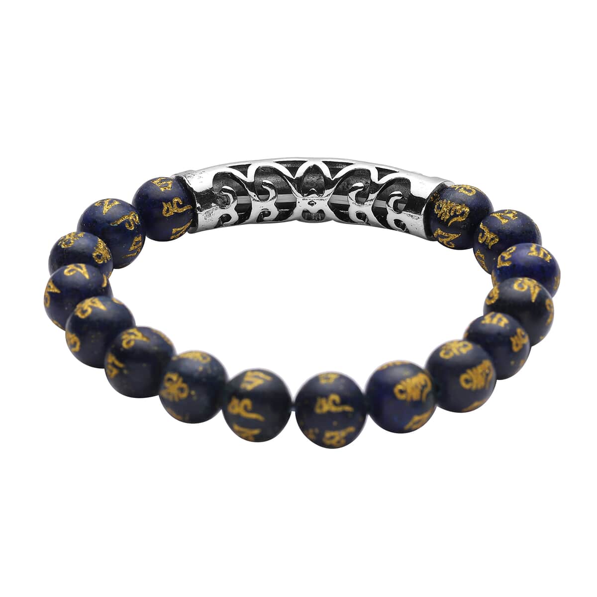 Feng Shui Mantra Lapis Lazuli Carved Beaded Stretch Bracelet in Silvertone 115.25 ctw image number 3