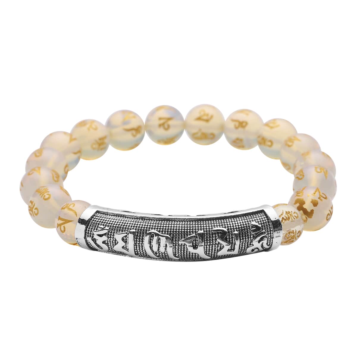 Feng Shui Mantra Opalite Carved Beaded Stretch Bracelet in Silvertone 95.00 ctw image number 0