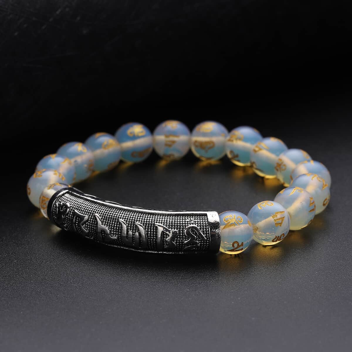 Feng Shui Mantra Opalite Carved Beaded Stretch Bracelet in Silvertone 95.00 ctw image number 1