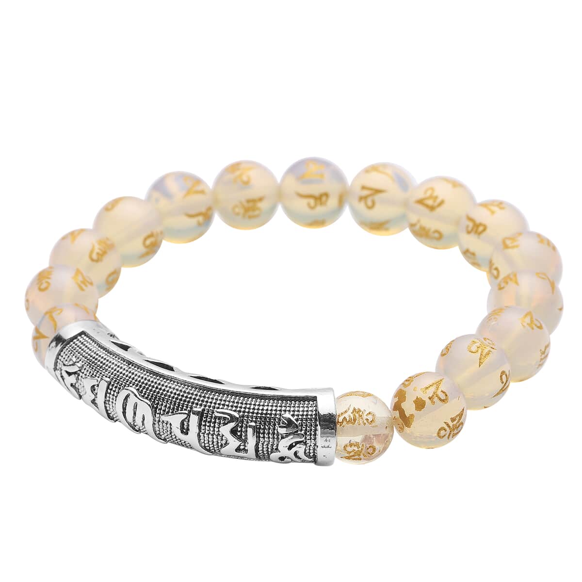 Feng Shui Mantra Opalite Carved Beaded Stretch Bracelet in Silvertone 95.00 ctw image number 2