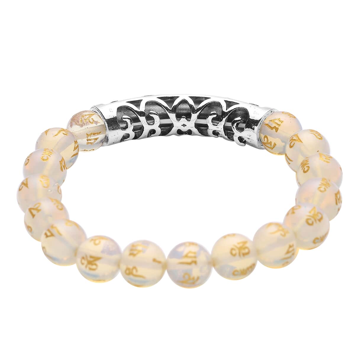 Feng Shui Mantra Opalite Carved Beaded Stretch Bracelet in Silvertone 95.00 ctw image number 3