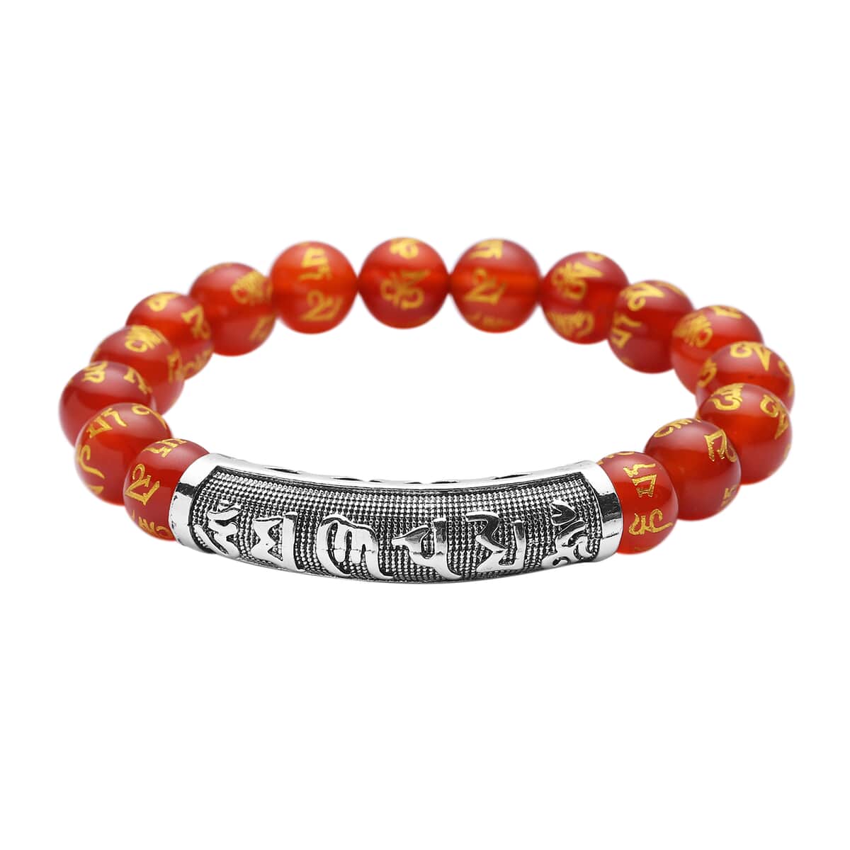 Feng Shui Mantra Red Agate Carved Beaded Stretch Bracelet in Silvertone 108.90 ctw image number 0