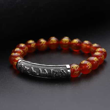 Feng Shui Mantra Red Agate Carved Beaded Stretch Bracelet in Silvertone 108.90 ctw image number 1