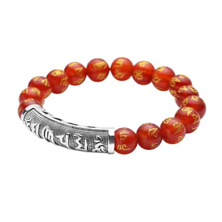 Feng Shui Mantra Red Agate Carved Beaded Stretch Bracelet in Silvertone 108.90 ctw image number 2