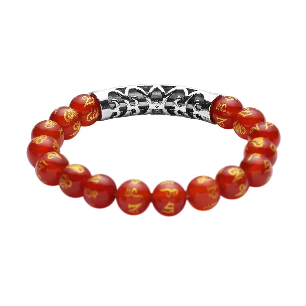 Feng Shui Mantra Red Agate Carved Beaded Stretch Bracelet in Silvertone 108.90 ctw image number 3