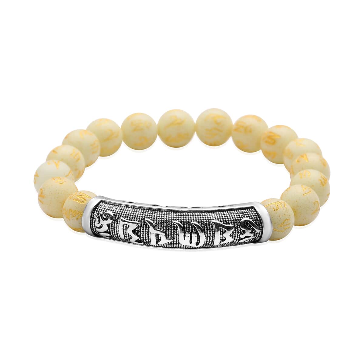 Feng shui Mantra Luminous Carved Beaded Stretch Bracelet in Silvertone 94.15 ctw image number 0