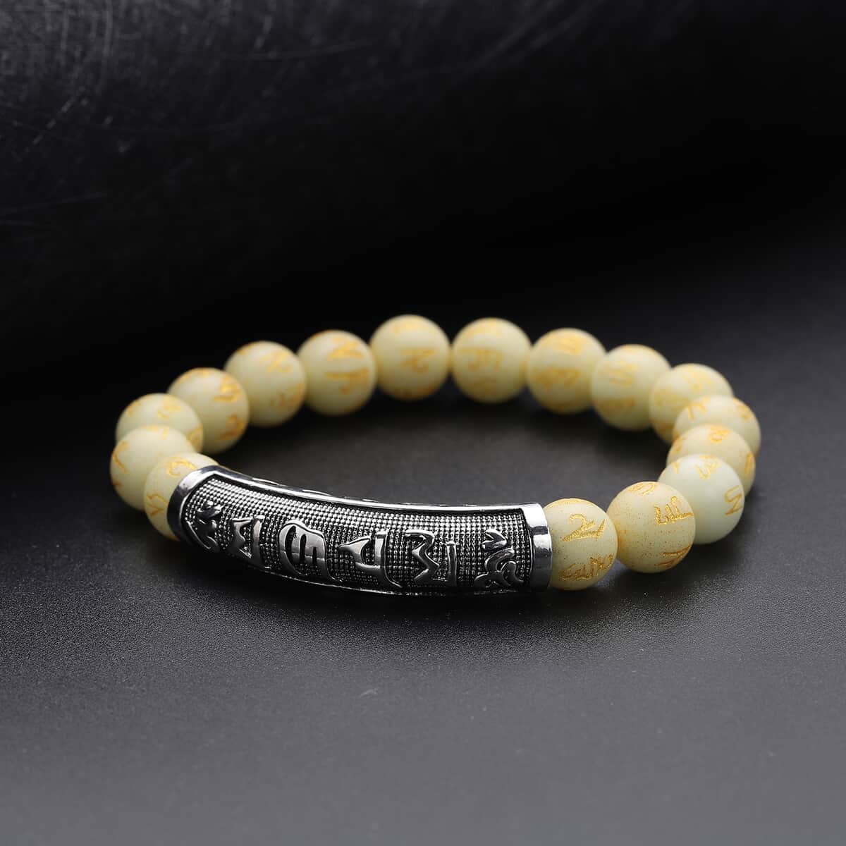 Feng shui Mantra Luminous Carved Beaded Stretch Bracelet in Silvertone 94.15 ctw image number 1