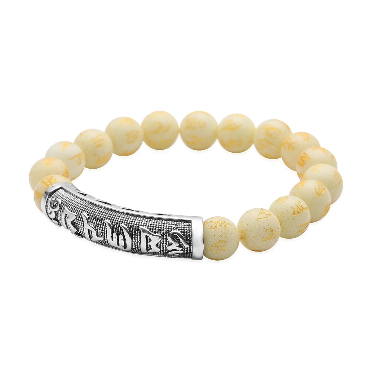 Feng shui Mantra Luminous Carved Beaded Stretch Bracelet in Silvertone 94.15 ctw image number 2