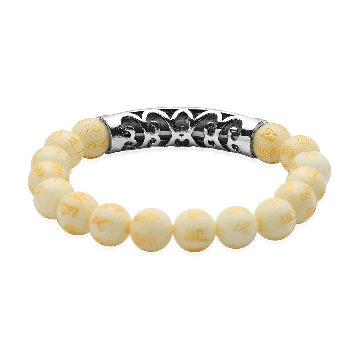 Feng shui Mantra Luminous Carved Beaded Stretch Bracelet in Silvertone 94.15 ctw image number 3