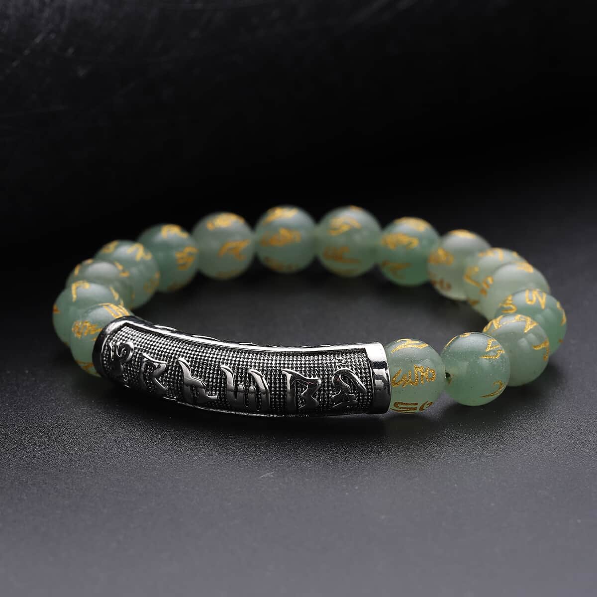 Feng shui Mantra Green Aventurine Carved Beaded Stretch Bracelet in Silvertone 120.25 ctw image number 1