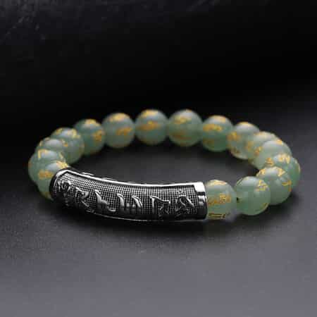 Feng shui Mantra Green Aventurine Carved Beaded Stretch Bracelet in Silvertone 120.25 ctw image number 1