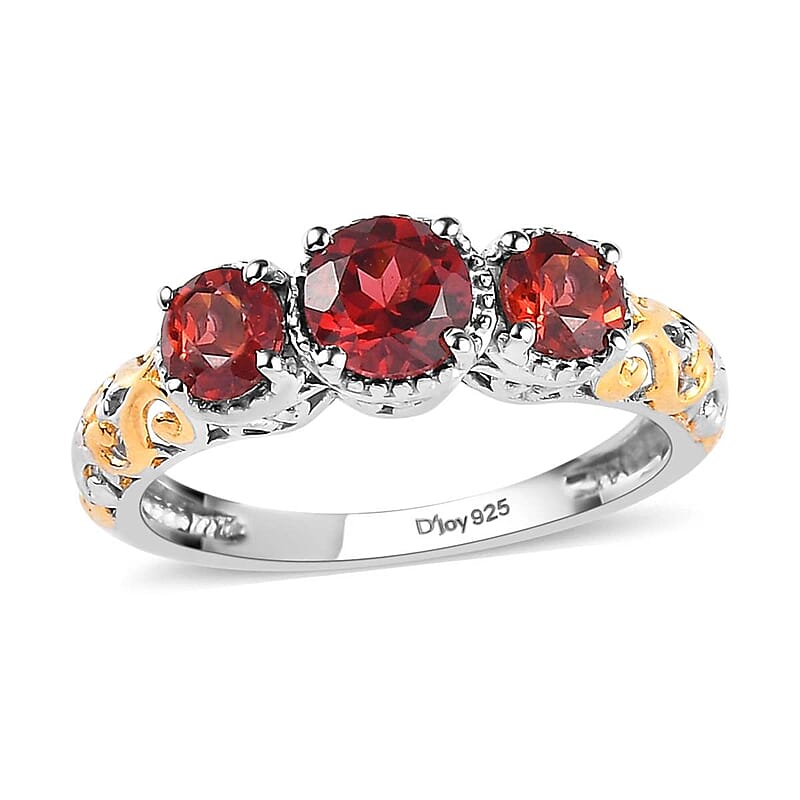 D'Joy Mozambique Garnet Trilogy Ring in Vermeil YG and Platinum Over Sterling Silver 1.30 ctw (Size 5.0)
