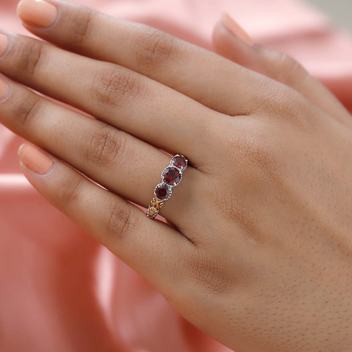 Mozambique Garnet Trilogy Ring in Vermeil Yellow Gold and Platinum Over Sterling Silver (Size 5.0) 1.25 ctw image number 1