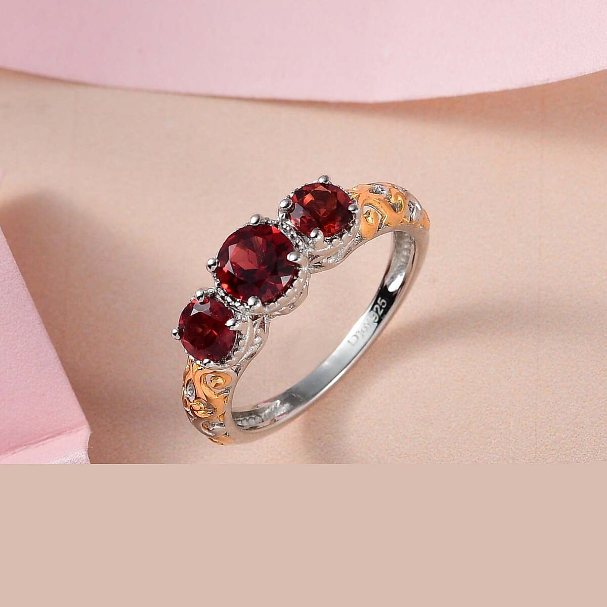 Mozambique Garnet Trilogy Ring in Vermeil Yellow Gold and Platinum Over Sterling Silver (Size 5.0) 1.25 ctw image number 4
