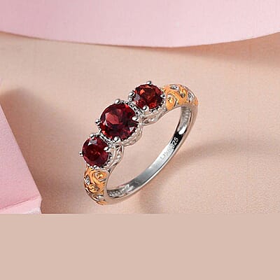 D'Joy Mozambique Garnet Trilogy Ring in Vermeil YG and Platinum Over Sterling Silver 1.30 ctw (Size 5.0)