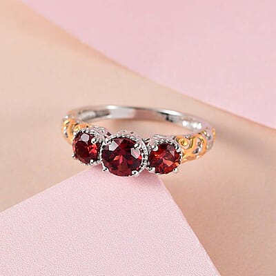 D'Joy Mozambique Garnet Trilogy Ring in Vermeil YG and Platinum Over Sterling Silver 1.30 ctw (Size 5.0)