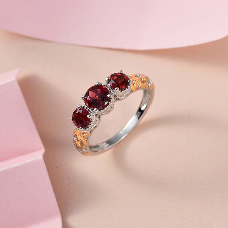 D'Joy Mozambique Garnet Trilogy Ring in Vermeil YG and Platinum Over Sterling Silver 1.30 ctw (Size 6.0)